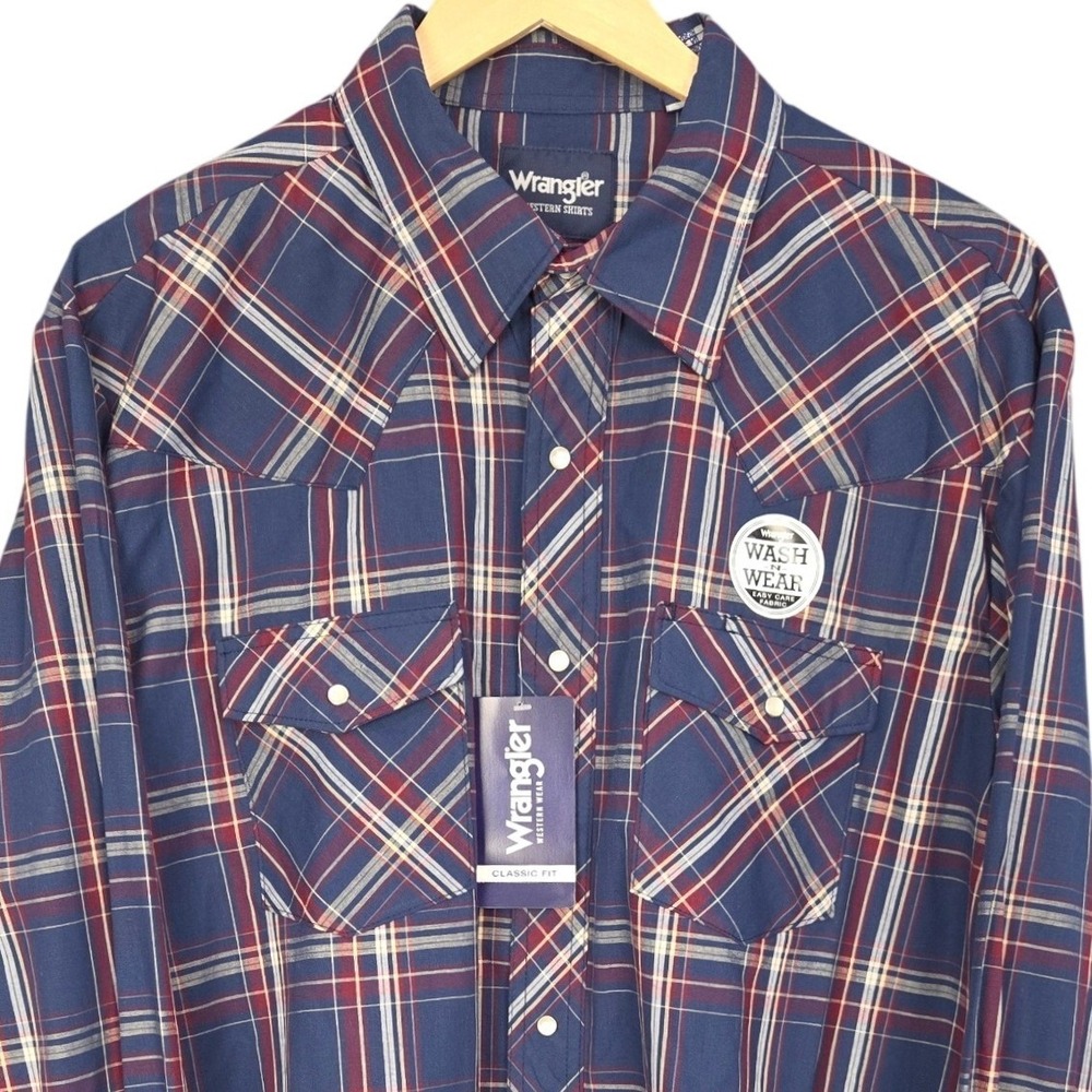 Wrangler Western Shirt Mens Large Blue Red Plaid Pearl Snap Long Sleeve NEW